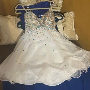 White Party Dress with Multicolored Accents